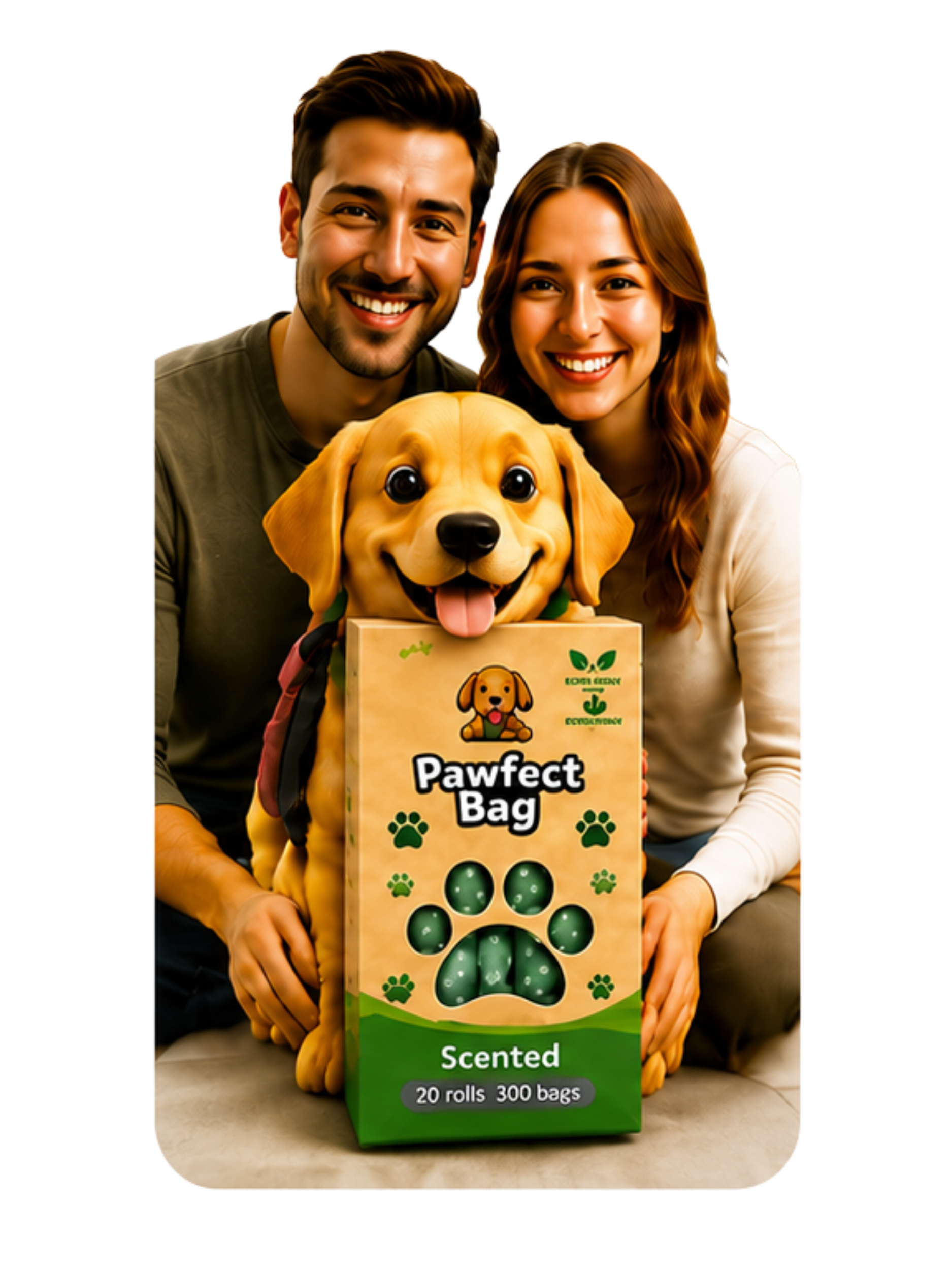 Chris and Megan with their dog and Pawfect Bag product