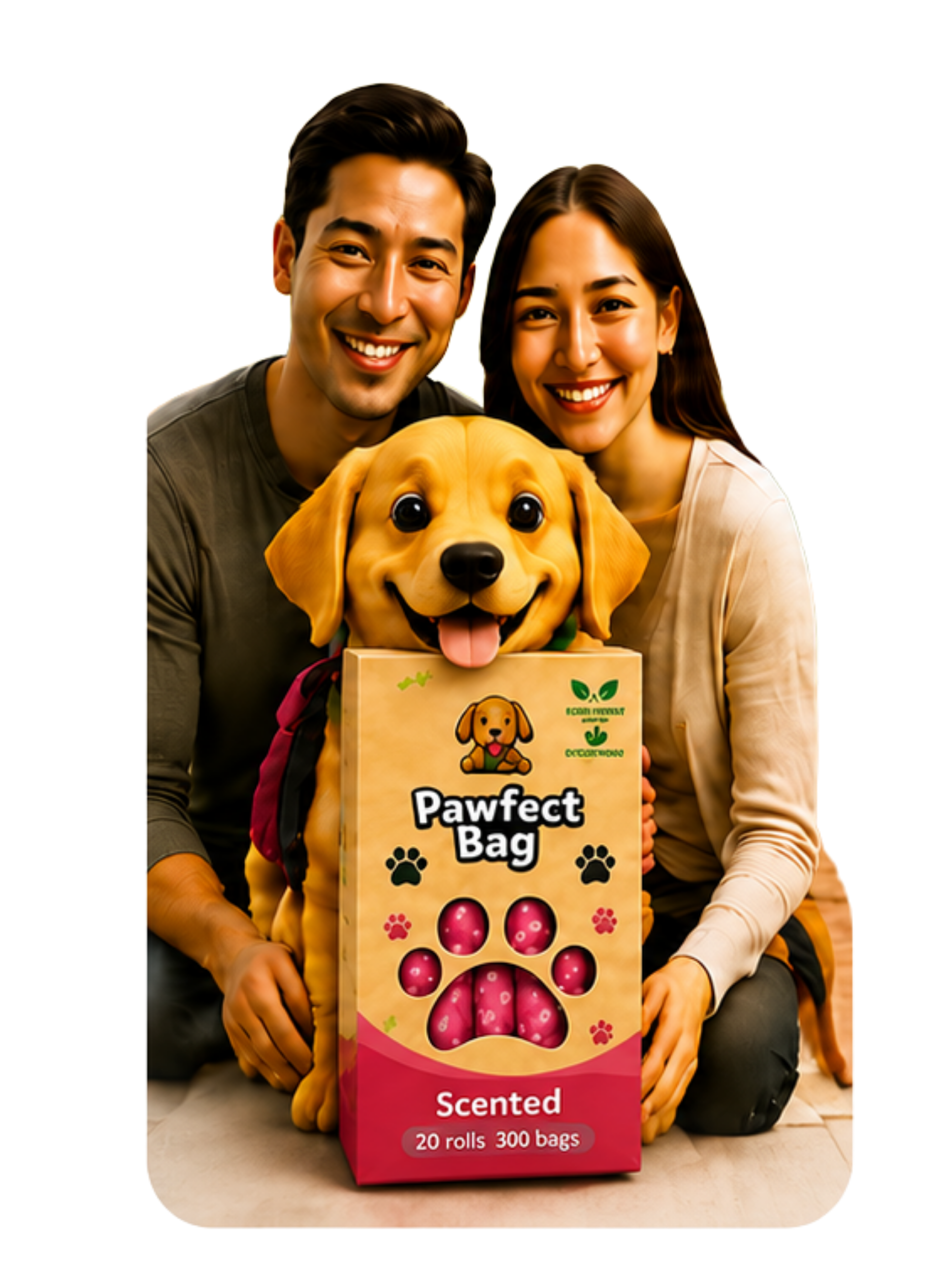 Jason and Priya with their dog and Pawfect Bag product