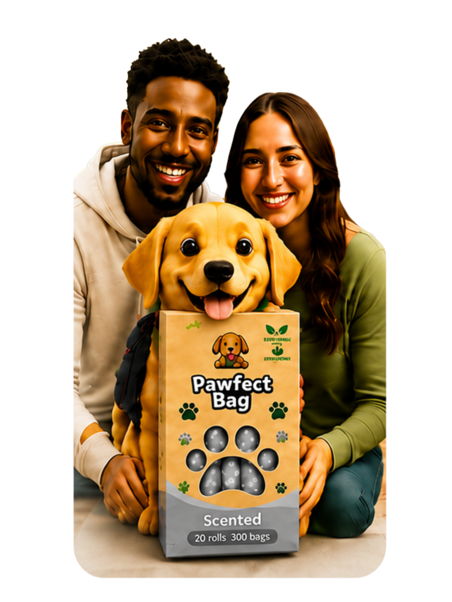 Daniel and Olivia with their dog and Pawfect Bag product