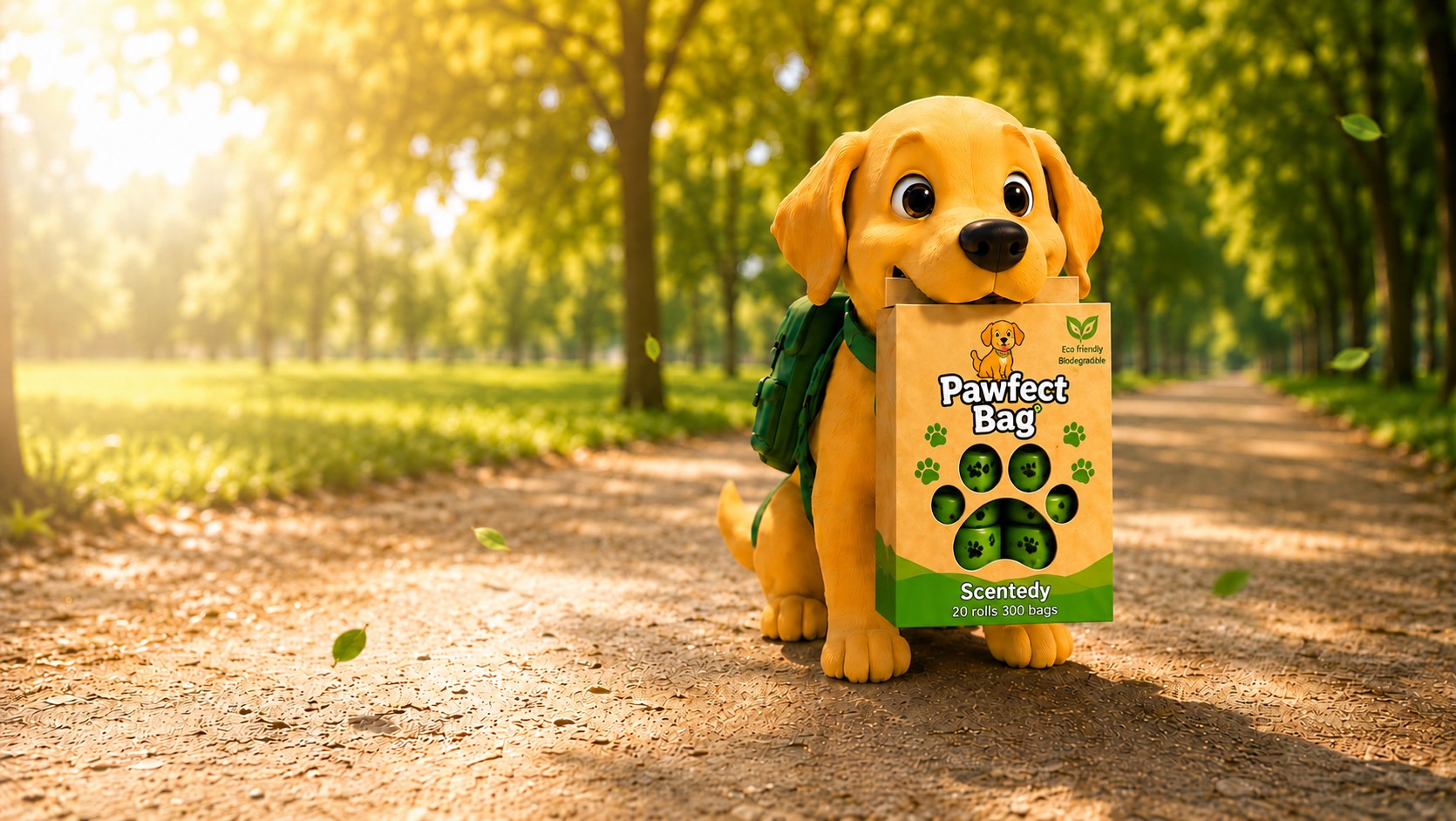 Pawfect Bag eco-friendly dog waste bags with a dog in a sunny park