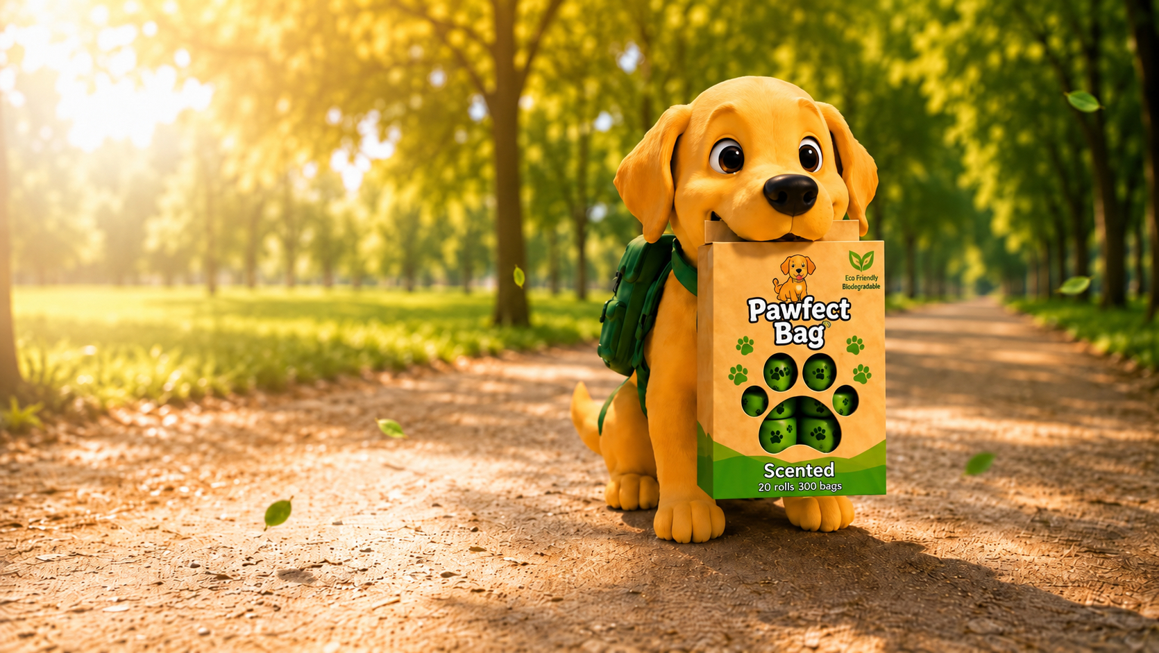 Pawfect Bag eco-friendly dog waste box with a dog in a sunny park